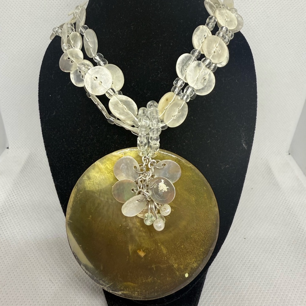 Vintage Coldwater Creek Ivory 3-Strand Button and Bead Necklace, Shell Pendant